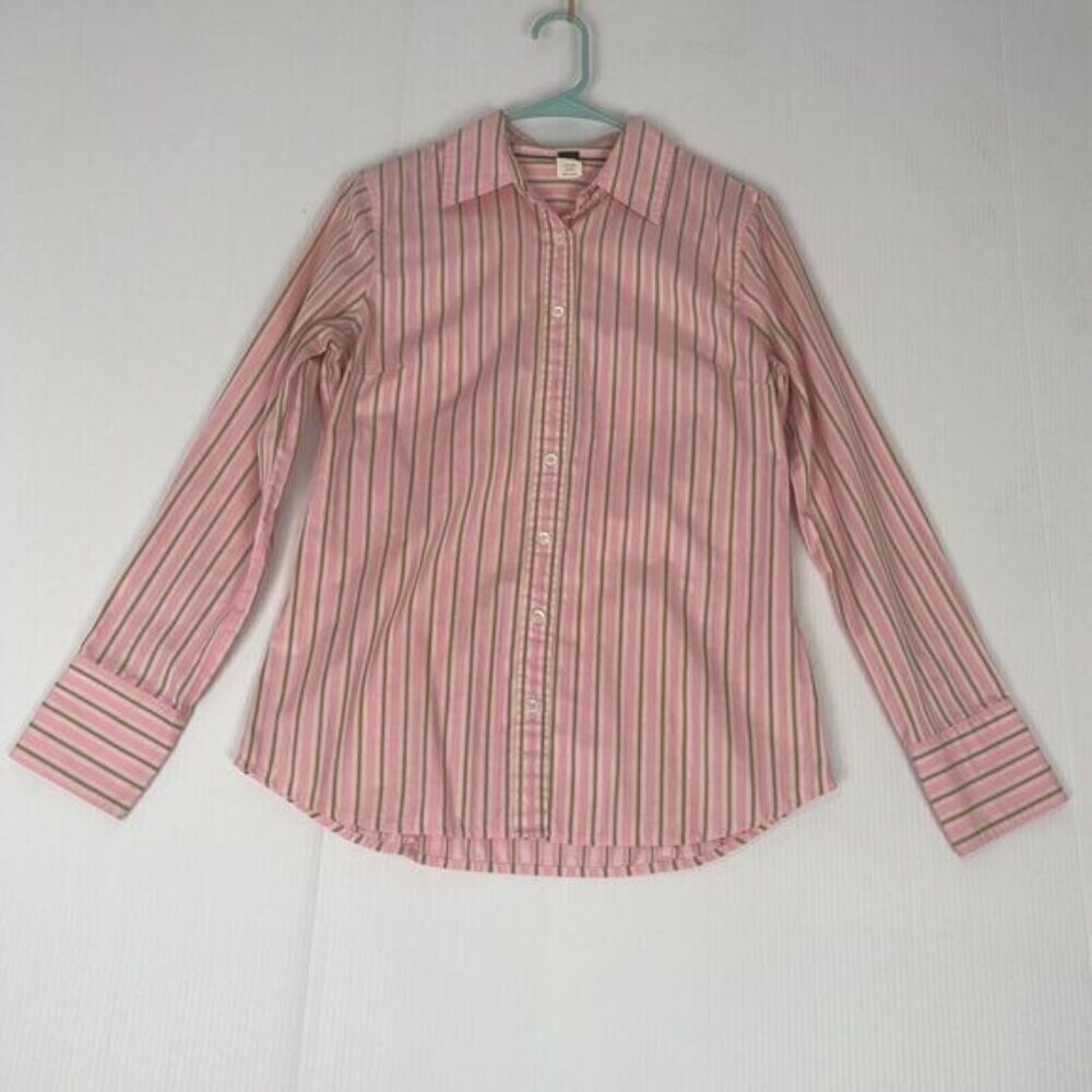 Womens J Crew Blouse Pink Green Stripe SIZE M  Slim Fit Long Sleep Cotton Casual